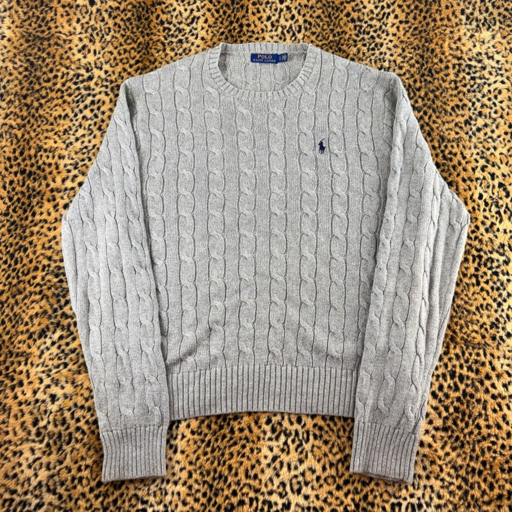 Polo Ralph Lauren Mens Grey Cable Knit Crewneck Sweater Large Pony Logo